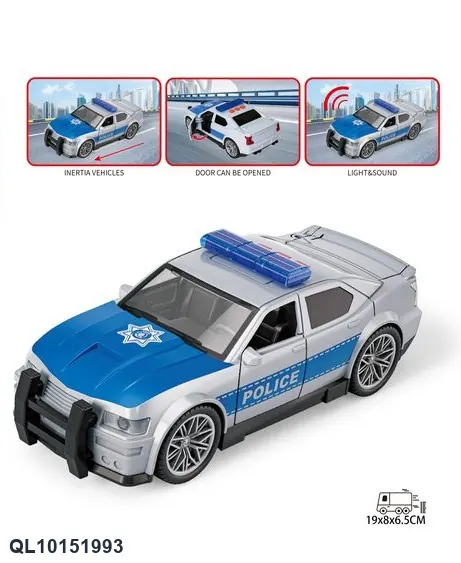 1:20 Police Car: Gray Color, Lights, Sound, Opening Door. Display Box wholesale from Qili Toys