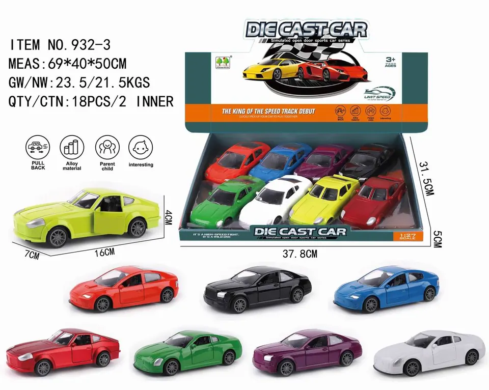 1:27 Scale Die-Cast Alloy Car Set (rolls royce, tesla, nissan gtr, dodge 8 different models in a variety of colors) (price for the entire set of 8 cars) Display Box wholesale from Qili Toys