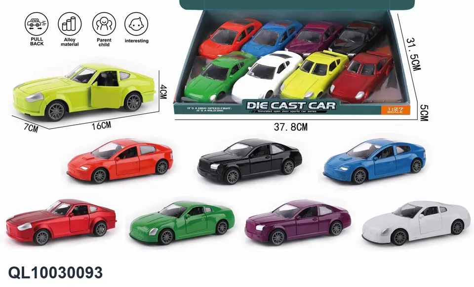 1:27 Scale Die-Cast Alloy Car Set (rolls royce, tesla, nissan gtr, dodge 8 different models in a variety of colors) Display Box wholesale from Qili Toys