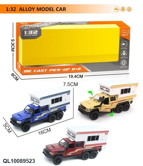 1:32 Alloy 3-Door 6-Wheel Drive Toyota Pickup Truck Pull-Back Car Model Window Box wholesale from Qili Toys