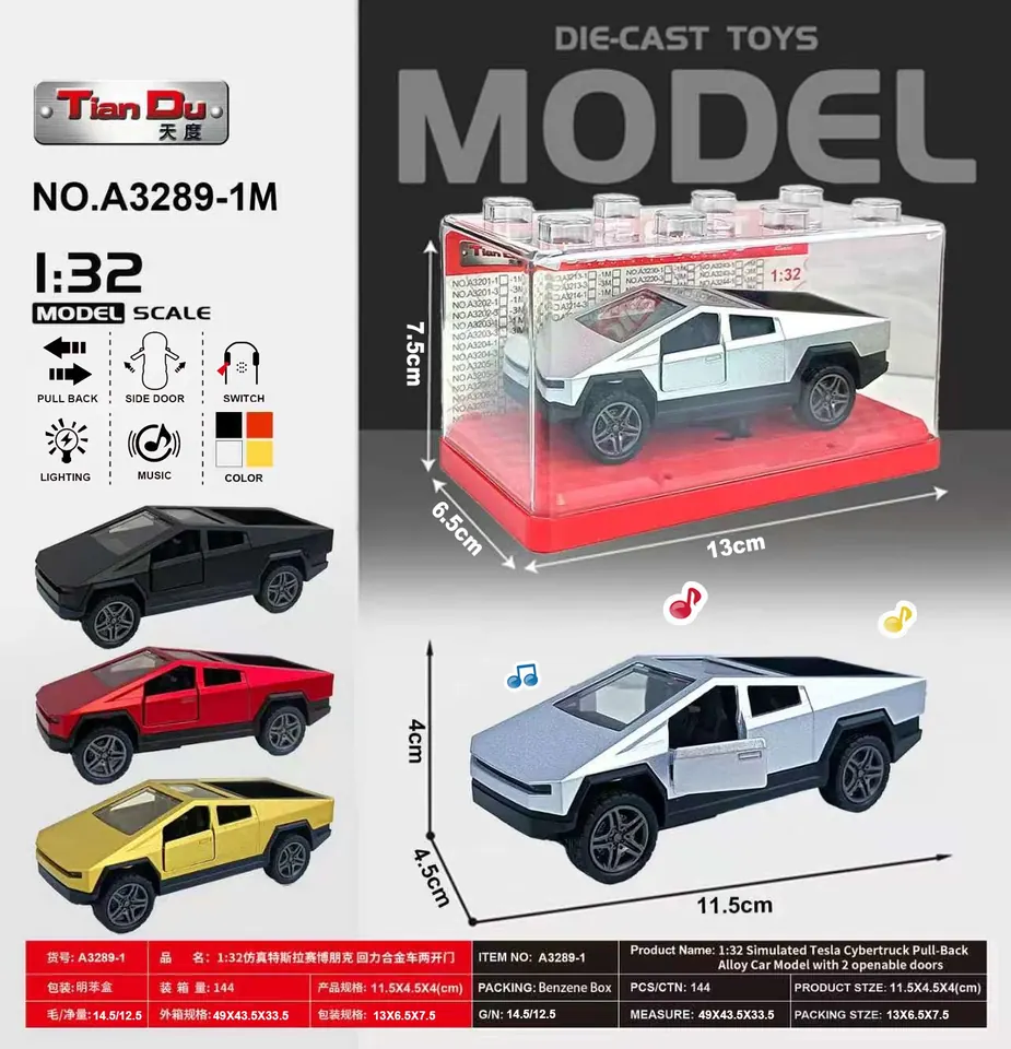 1:32 Scale Tesla Cyber Truck Alloy Car With Two Doors And Lights/Music Clear Styrene Box wholesale from Qili Toys