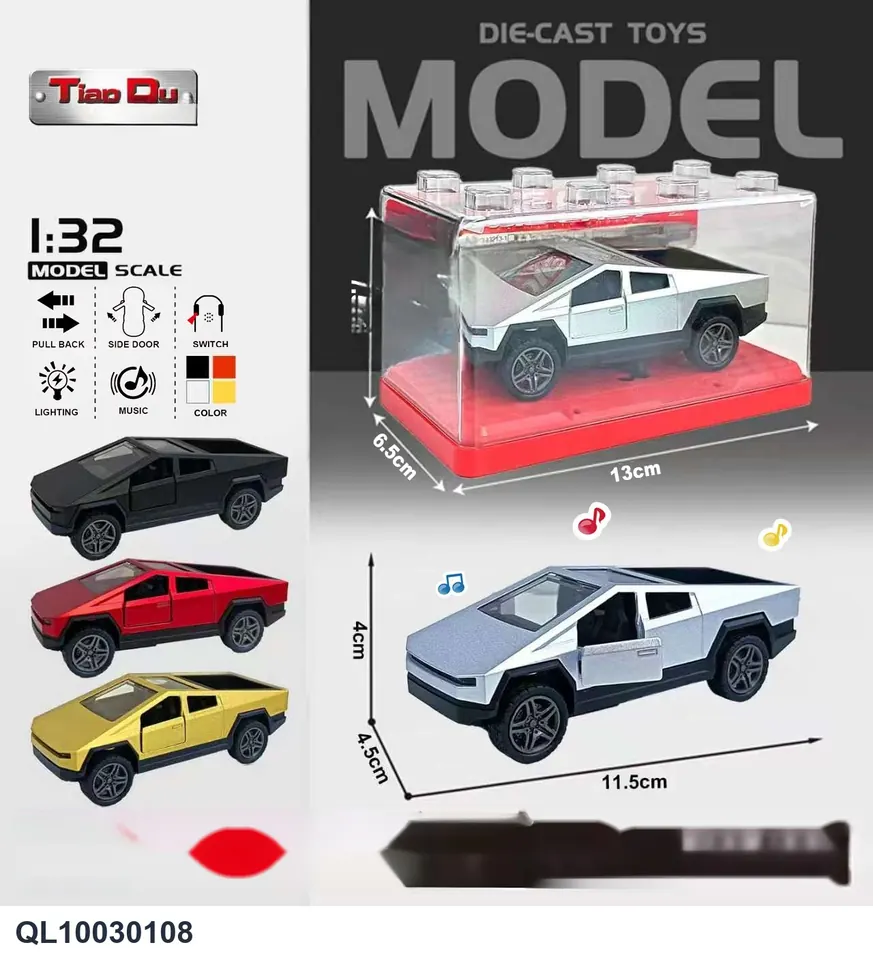 1:32 Scale Tesla Cyber Truck Alloy Car With Two Doors And Lights/Music Clear Styrene Box wholesale from Qili Toys