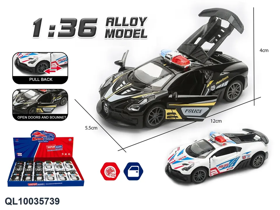 1:36 Pull Back Alloy Car Model-Bugatti Police Car Black And White 2 Colors Mixed Display Box wholesale from Qili Toys
