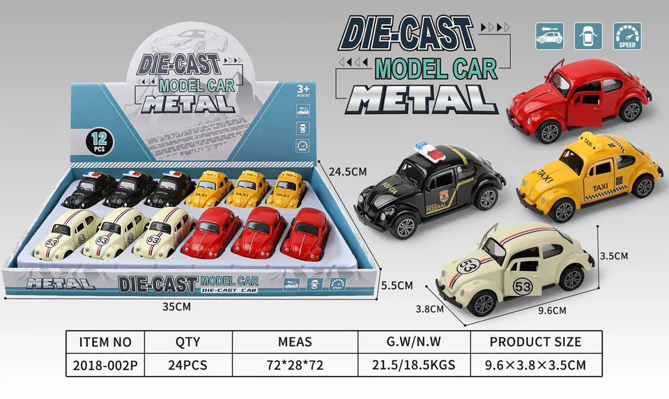 1:43 Beetle Mixed Assembly (police car taxi racing car model) (12pcs whole box price) Display Box wholesale from Qili Toys