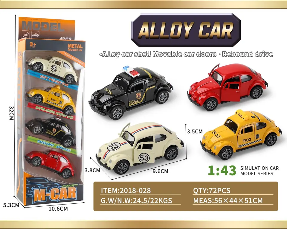1:43 Beetle Mixed Assembly (police car taxi racing car model) Window Box wholesale from Qili Toys
