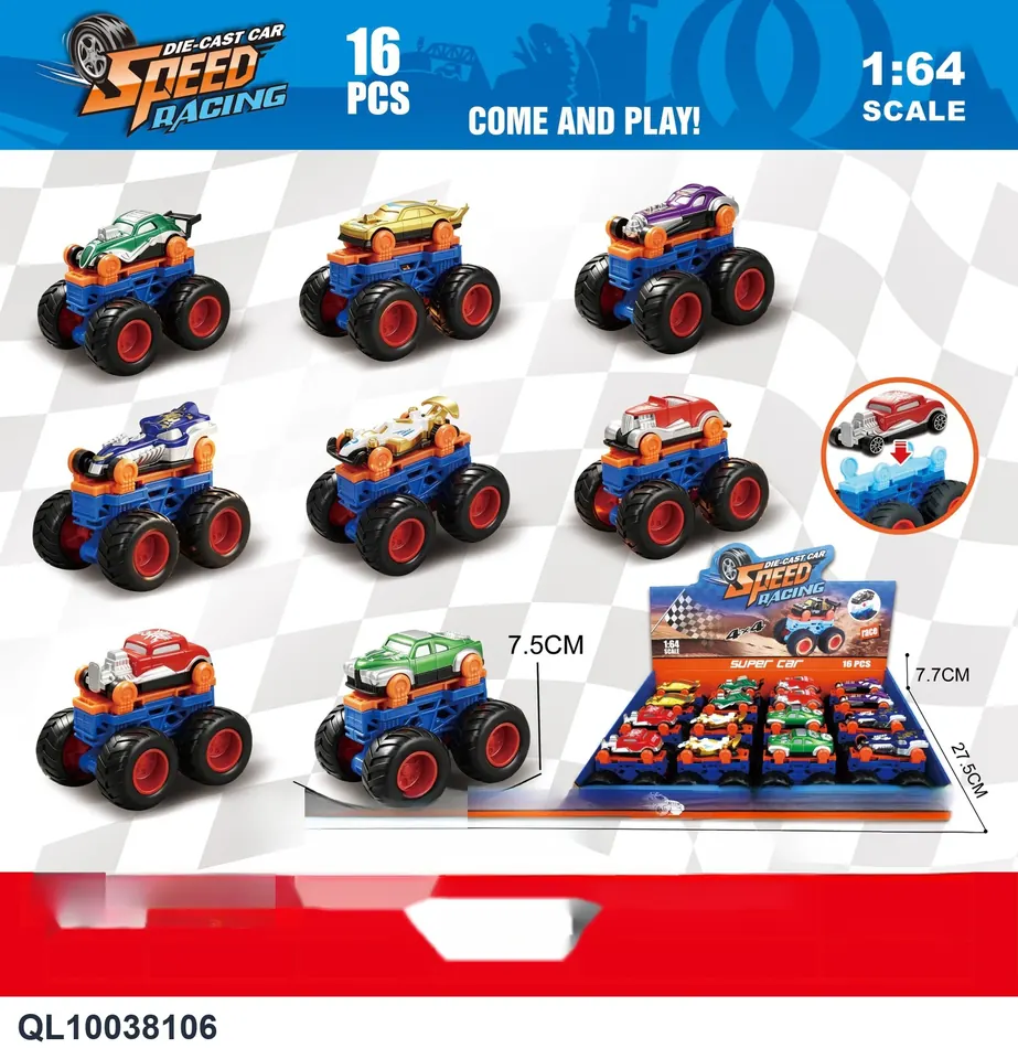 1:64 Alloy Sliding Large Wheel Clip Car 8 Mixed With Action (removable) Display Box wholesale from Qili Toys