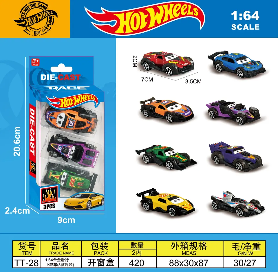 1:64 Alloy Sliding Sports Car 8 Types Mixed (3 pieces) Window Box wholesale from Qili Toys