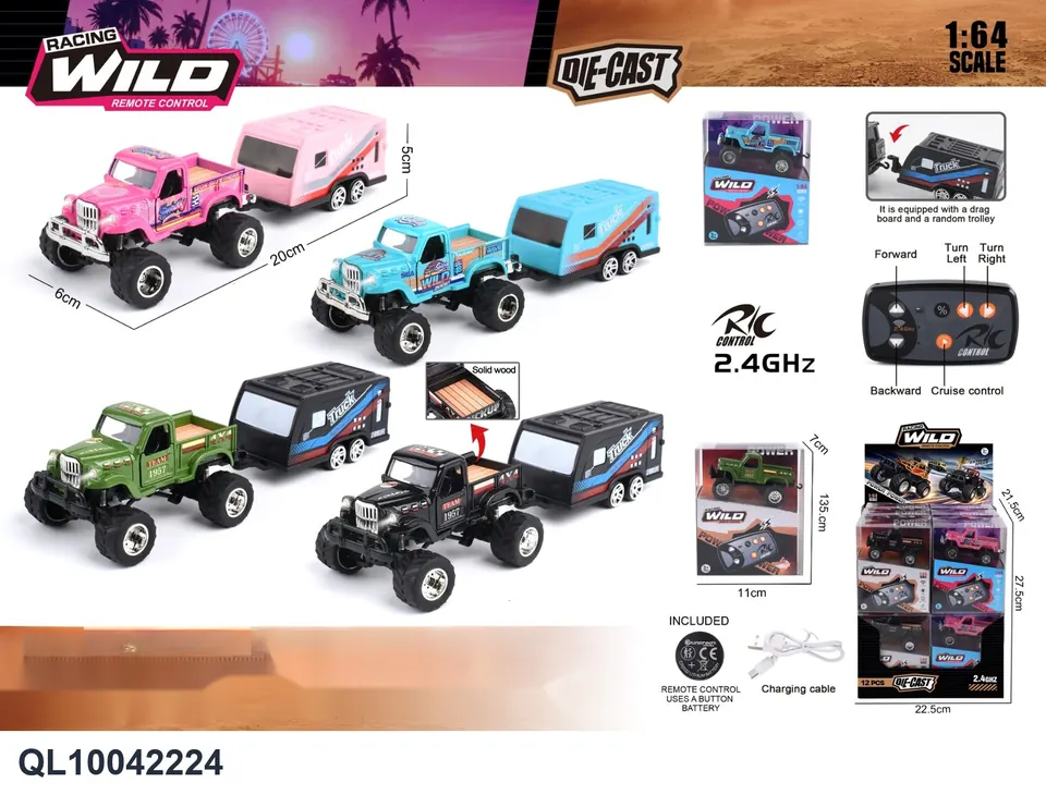 1:64 Retro JEEP Willys Pickup Truck + Square Compartment 2.4G Alloy Remote Control Car Display Box wholesale from Qili Toys