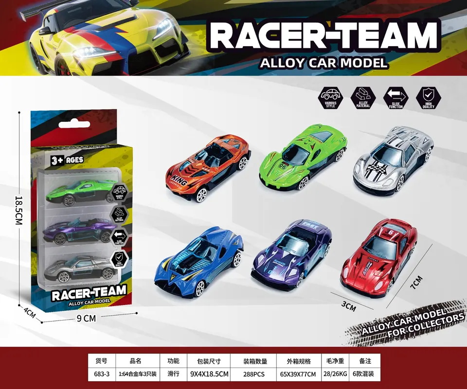 1:64 Sliding Alloy Car Set Of 3 (mixed set of 6 cars) Window Box wholesale from Qili Toys
