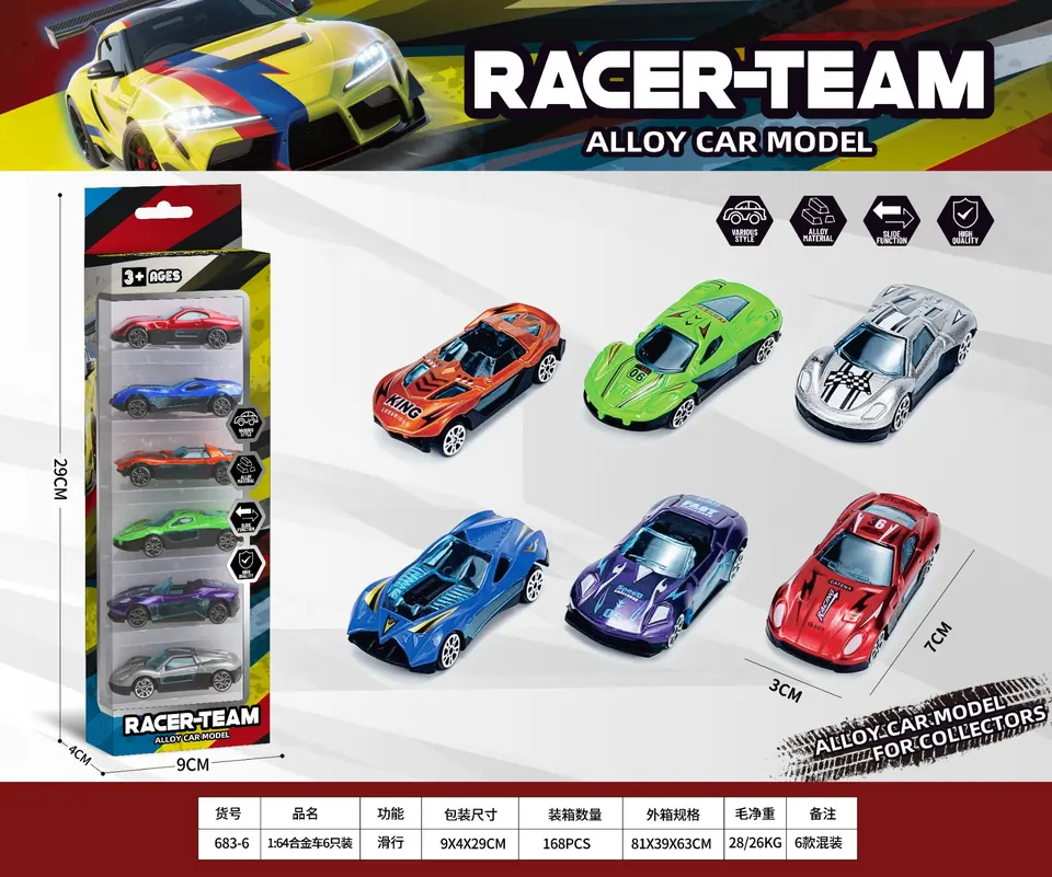 1:64 Sliding Alloy Car Set Of 6 (mixed set of 6 cars) Window Box wholesale from Qili Toys