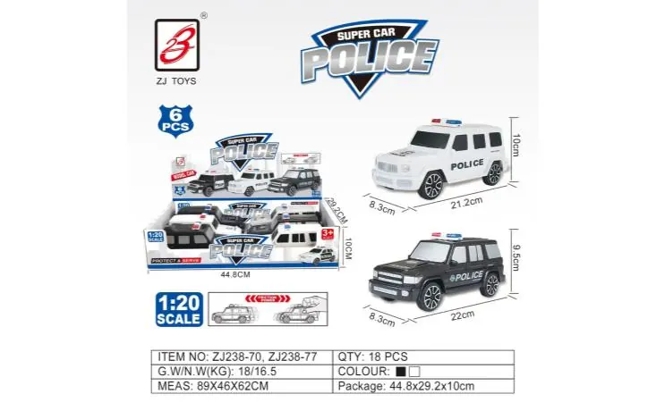 2 English Inertia Police Cars (6pcs whole box price) 1:20 Mercedes Benz Big G/Toyota LC76 Display Box wholesale from Qili Toys