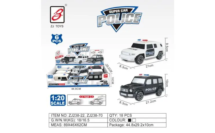 2 English Inertia Police Cars (6pcs whole box price) 1:20 Toyota FJ/Mercedes-Benz Grand G Display Box wholesale from Qili Toys