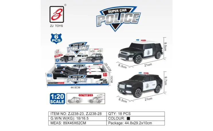 2 Models Of Arvin Inertial Police Cars (6pcs whole box price) 1:20 Toyota FJ/Cullinan Display Box wholesale from Qili Toys
