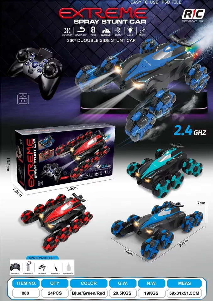 2.4G 8-Wheel Spray Drift Stunt Car With Lights/Music/Spray (battery included) Color Box wholesale from Qili Toys