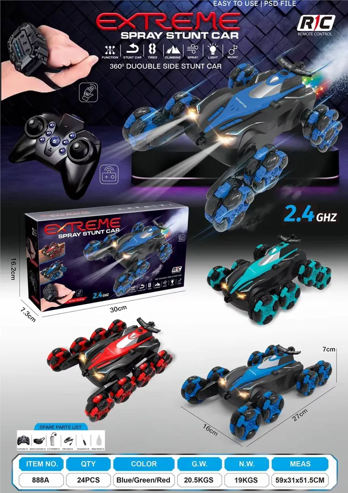 2.4G 8-Wheel Spray Drift Stunt Car With Lights/Music/Spray (dual remote control) (battery included) Color Box wholesale from Qili Toys