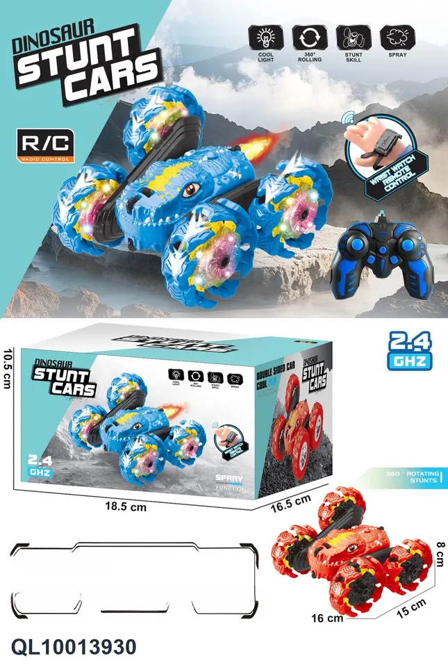 2.4G Double-Sided Dinosaur Coal Bombing Wheel Holding Skill Car With Light Spray (battery included) Color Box wholesale from Qili Toys