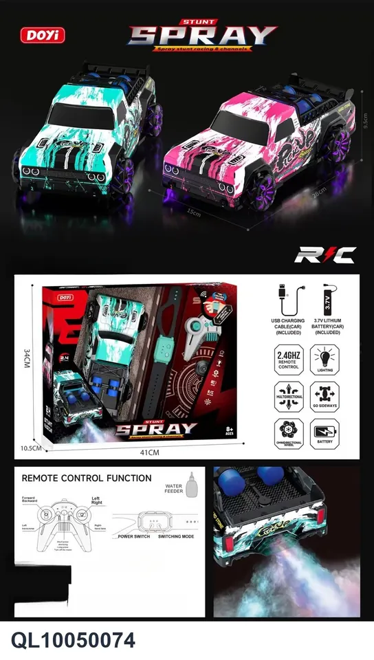 2.4GHZ PVC Translucent Remote Control Stunt Spray Pickup (3.7v lithium battery and usb charging cable, water injector, two colors mixed) Window Box wholesale from Qili Toys