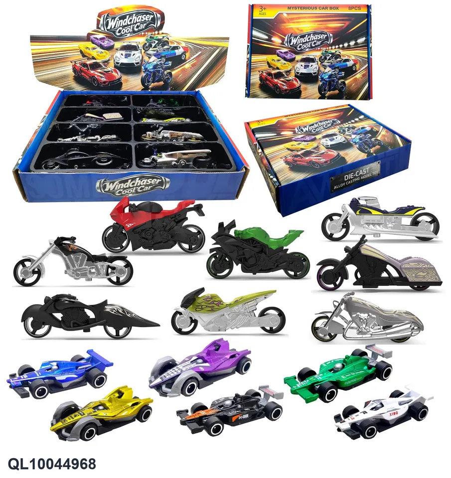 4 1.32 Alloy Motorcycles + 4 1:64 Alloy Cars (sliding) (blue color box) Display Box wholesale from Qili Toys