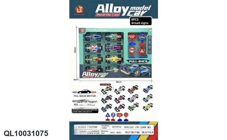 9.5Cm F1 Racing Car Set (8 pieces) + 4 Warning Signs (with reversing function, 12 designs, randomly mixed) Window Box wholesale from Qili Toys