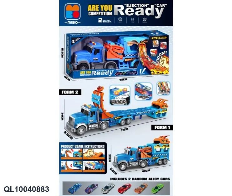 American Head Inertia Dual-Track Soaring Folding Ejection Storage Car + 2 Alloy Cars Display Box wholesale from Qili Toys