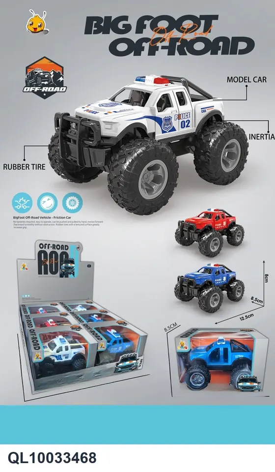 Bigfoot Pickup Truck Police Car Inertia Car Three-Color Mixed Display Box wholesale from Qili Toys