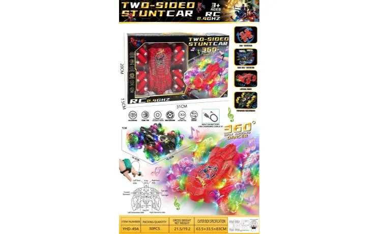 Dual Remote Control 2.4G Light Paddle Wheel Spray Double-Sided Stunt Car (built-in rechargeable battery, equipped with usb cable + watch remote control, red and black 2 colors mixed) Gift Box wholesale from Qili Toys