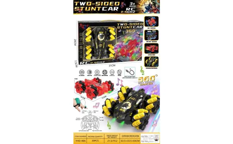 Dual Remote Control 2.4G Lighting Double-Sided Stunt Car (built-in rechargeable battery, equipped with usb cable + watch remote control, red and black 2 colors mixed) Gift Box wholesale from Qili Toys
