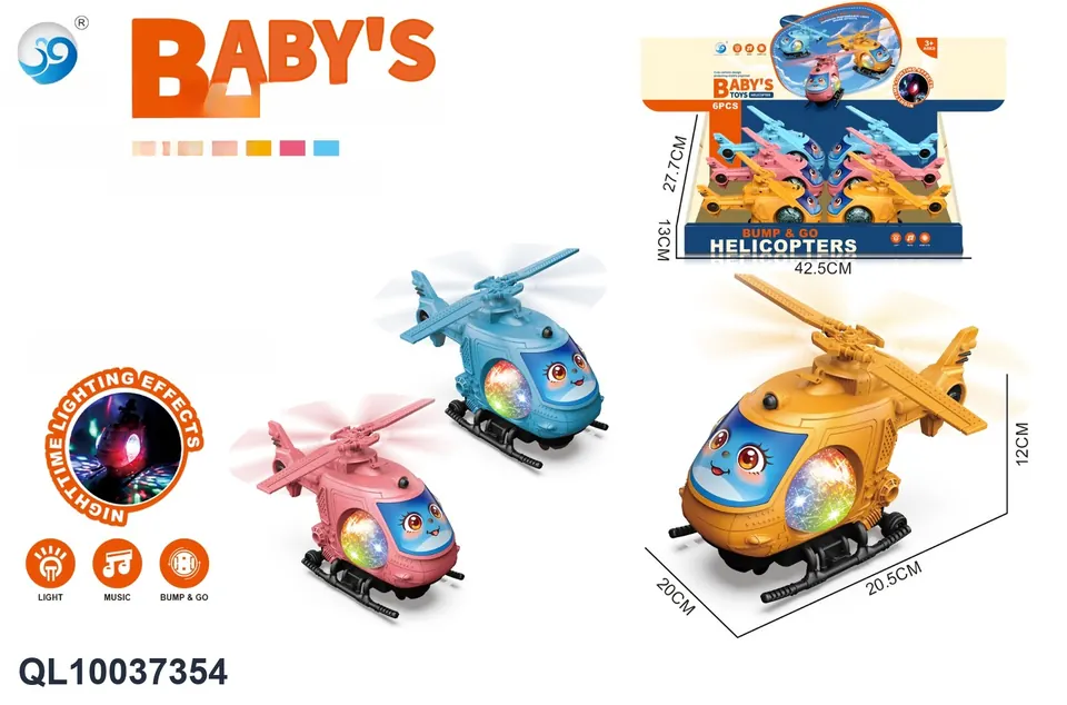 Electric Universal Cartoon Helicopter, Music + Stage Glowing Lights, Yellow, Blue, Pink Three Colors Mixed (3aa does not include electricity) Display Box wholesale from Qili Toys