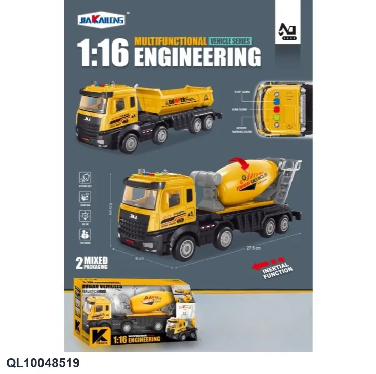 Engineering Inertia Vehicle (2 types mixed, inertia engineering vehicle simulation engineering vehicle model vehicle inertia cement truck inertia mixer truck) Display Box wholesale from Qili Toys