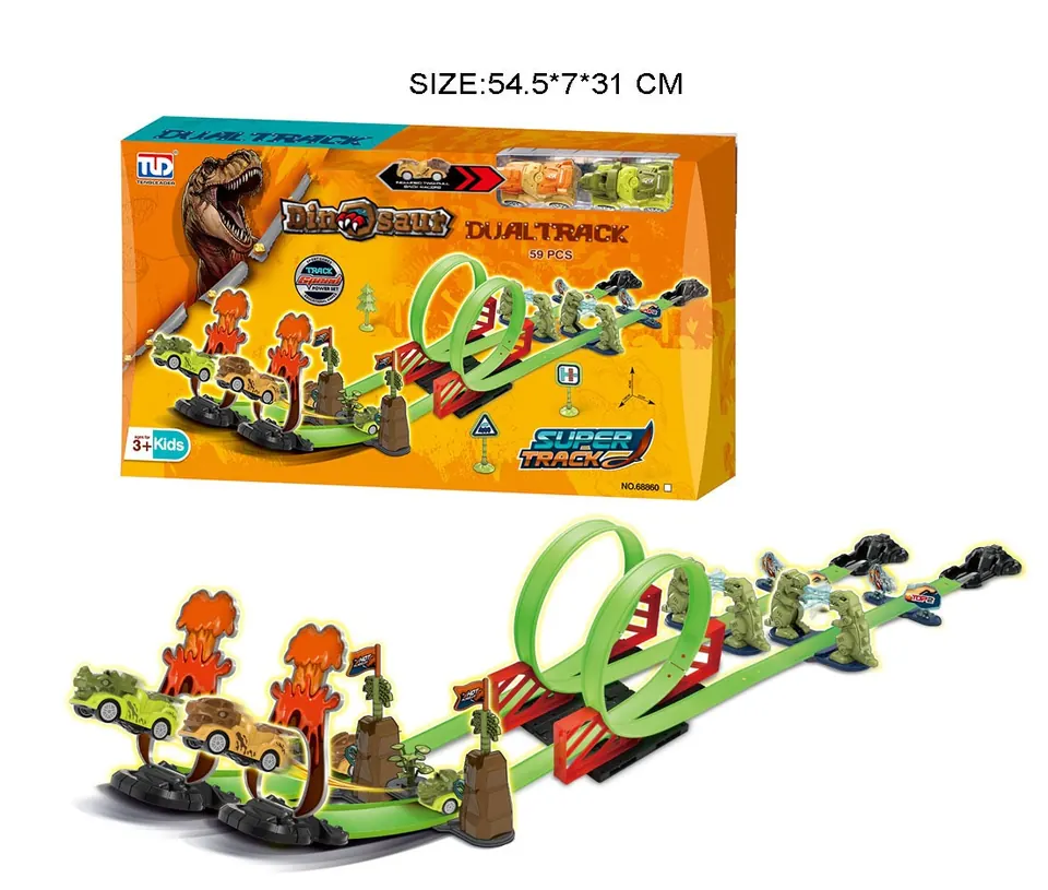 Extremely Fast Pull-Back Dinosaur Track (with 2 cars) Window Box wholesale from Qili Toys