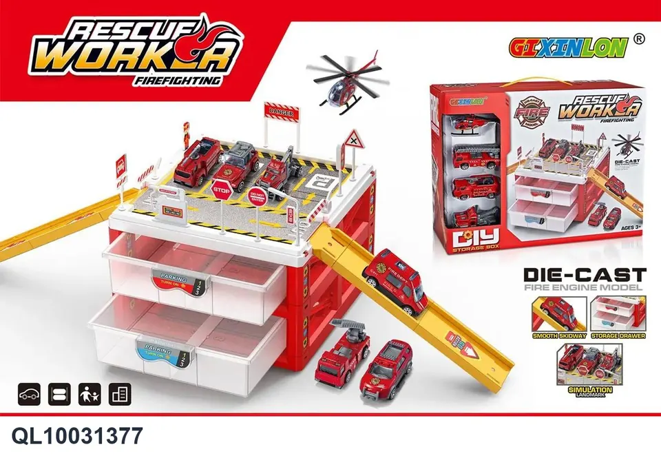 Fire Station Storage Box (includes 3 random alloy toy cars and 1 alloy airplane) Window Box wholesale from Qili Toys
