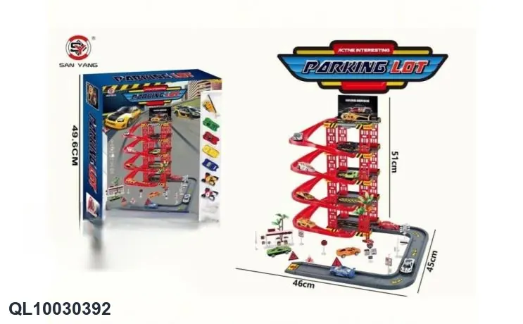 Parking Area (includes 2 alloy cars, 2 realistic-looking cars, 2 motorcycles, and 1 alloy airplane, with a toy car track) Color Box wholesale from Qili Toys