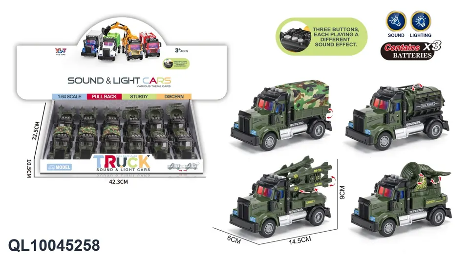 Sound And Light Button Pull Back Military Vehicle (electricity included) Display Box wholesale from Qili Toys