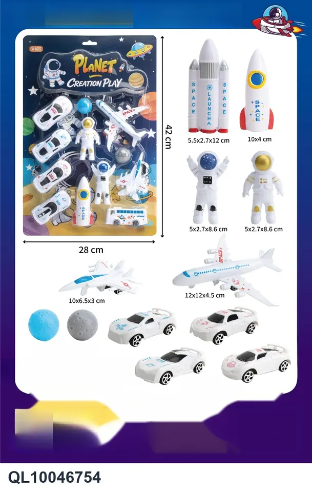 Space Exploration-Planet Set 2 Astronauts + Rocket + Planet + 2 Planes (gliding) + 5 Space Cars (gliding) Blister Board wholesale from Qili Toys