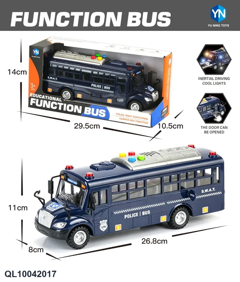 The Dark Blue School Bus (with sound and light, runs on inertia and does not include electricity. you need to bring your own 2 aaa batteries) Color Box wholesale from Qili Toys