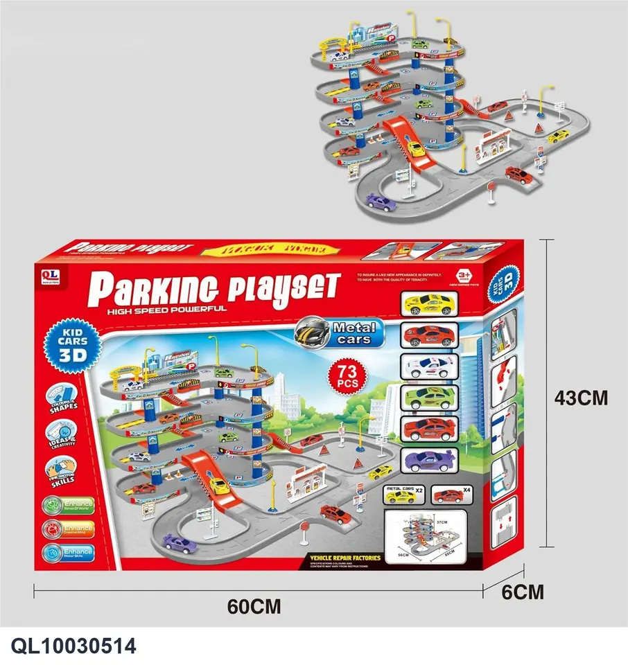 The Parking Lot Includes 4 Toy Cars That Can Be Wound Up And Driven Backward, Plus 2 Alloy Cars . Color Box wholesale from Qili Toys