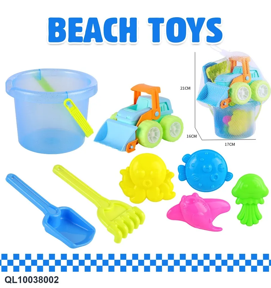 Transparent Beach Bucket Bulldozer Sand Shovel Tool Marine Sand Mold 8PCS Hang Card + Mesh Bag wholesale from Qili Toys