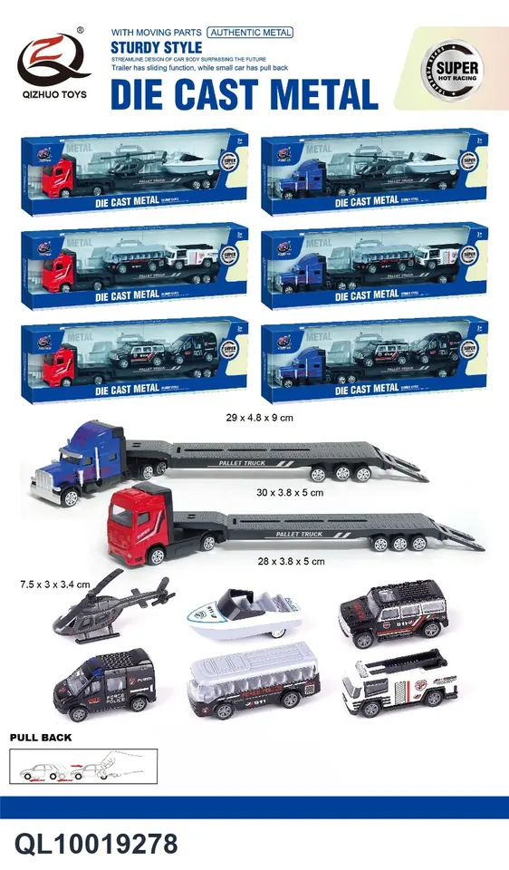 1: 64 Alloy Tractor Head Combination (two sliding alloy trailers) (six special police pull-back alloy trolleys) Window Box wholesale from Qili Toys
