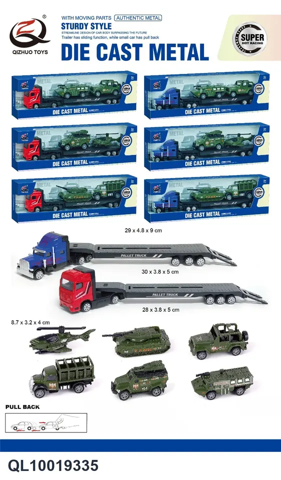 1: 64 Alloy Tractor Head Combination (two sliding alloy trailers) (six military pull-back alloy trolleys) Window Box wholesale from Qili Toys