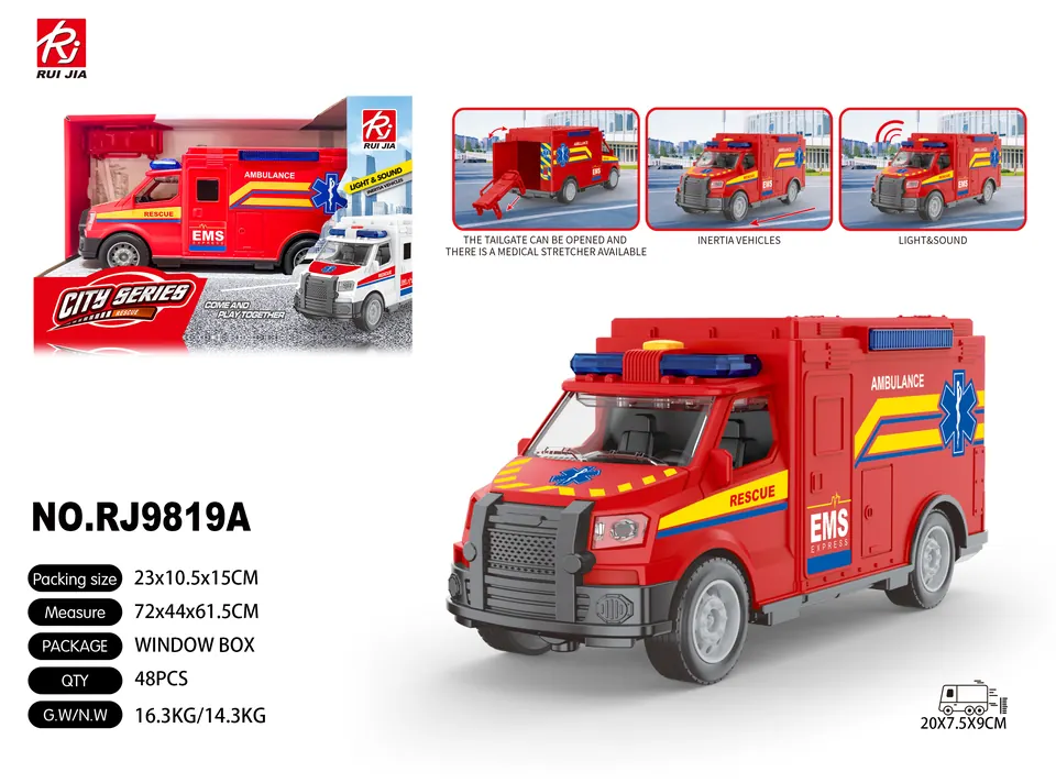 1:20 Ambulance: Inertia, Lights, Sound, Door Opening Display Box wholesale from Qili Toys
