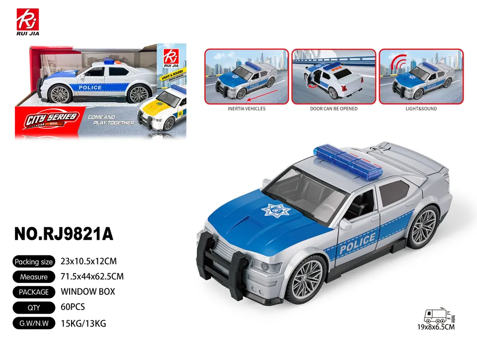 1:20 Police Car: Gray Color, Lights, Sound, Opening Door. Display Box wholesale from Qili Toys