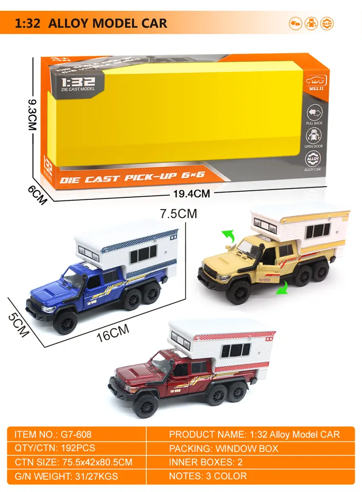 1:32 Alloy 3-Door 6-Wheel Drive Toyota Pickup Truck Pull-Back Car Model Window Box wholesale from Qili Toys