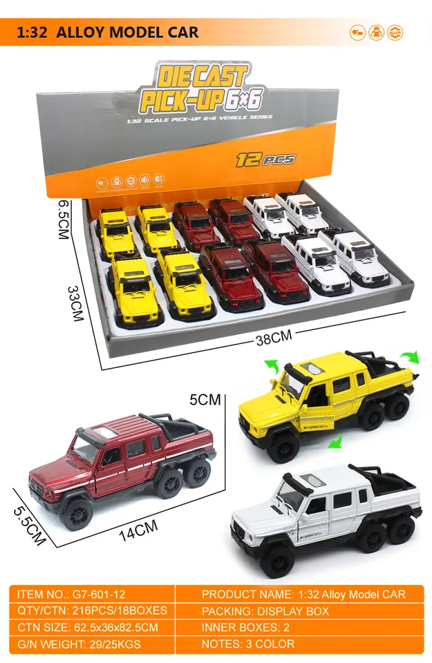1:32 Alloy 3-Door Six-Wheel Drive Mercedes-Benz Pickup Truck Pull-Back Car Model Display Box wholesale from Qili Toys