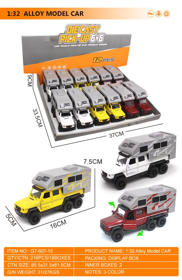 1:32 Alloy 3-Door Six-Wheel Drive Mercedes-Benz Pickup Truck Pull-Back Car Model Display Box wholesale from Qili Toys