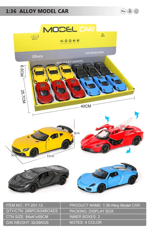 1/36 Alloy Car Model 3 Door Pull Back Sports Car 4 Colors 4 Styles Mixed Display Box 12 Pieces Per Box wholesale from Qili Toys