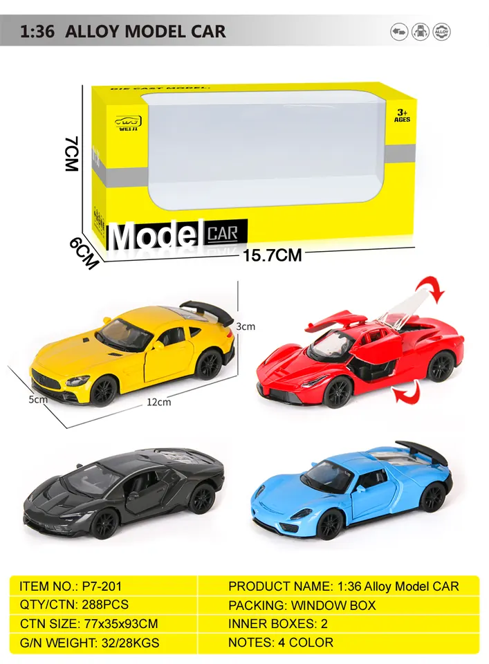 1/36 Alloy Car Model 3 Door Pull Back Sports Car 4 Colors 4 Styles Mixed Window Box wholesale from Qili Toys