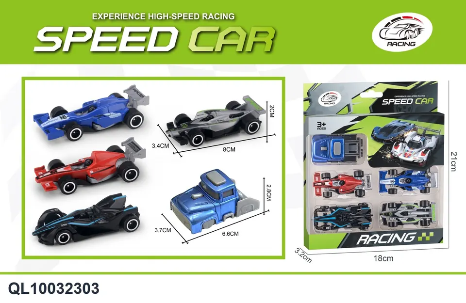 4 F1-Style Toy Cars + 1 Catapult; Sliding Car Racing, Equation Car, Catapult Car, Mini Toy Cars. Window Box wholesale from Qili Toys