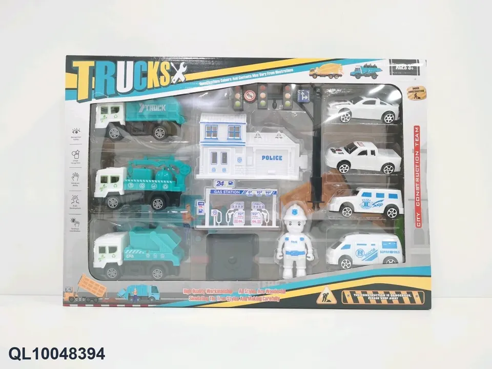4 Pull-Back Sanitation Trucks + 4 Pull-Back Trucks + Accessories Window Box wholesale from Qili Toys