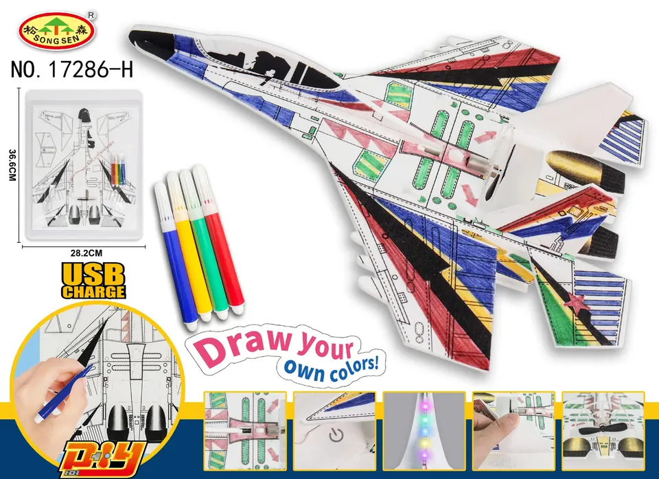 DIY Painted Electric Flying Hand-Thrown Airplane (electricity included) Blister Board wholesale from Qili Toys