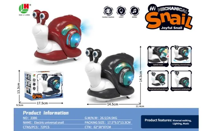 Electric Universal Mechanical Snail (light music, body swing, head swing) 2 Colors Mixed Color Box wholesale from Qili Toys